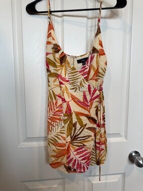 Lulu's Tropical Leaf Print Wrap Mini Dress in Cream, Pink & Rust